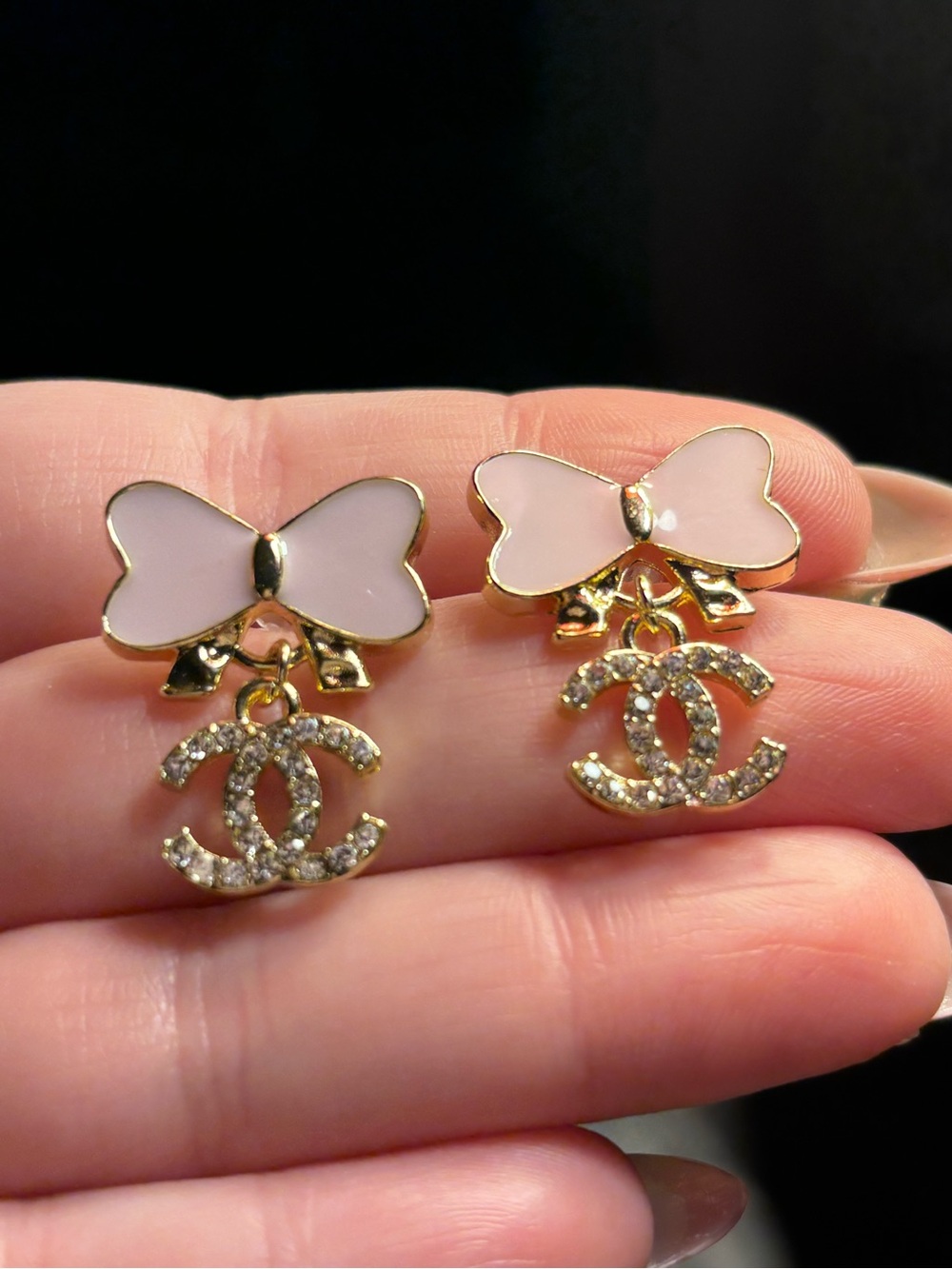 Pink Bow Crystal CC Drop Earrings